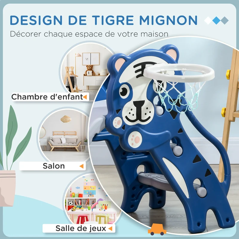 Toboggan pour enfants intérieur tigre 133 x 60 x 70 cm avec panier de basket antidérapant design en polyéthylène bleu 21_0000296