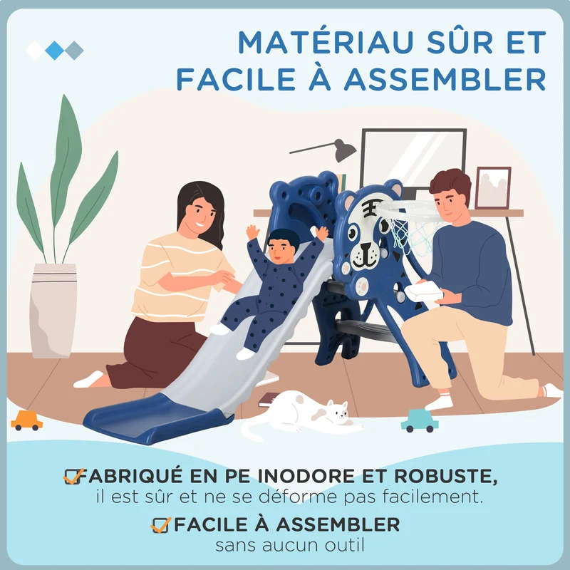 Toboggan pour enfants intérieur tigre 133 x 60 x 70 cm avec panier de basket antidérapant design en polyéthylène bleu 21_0000296