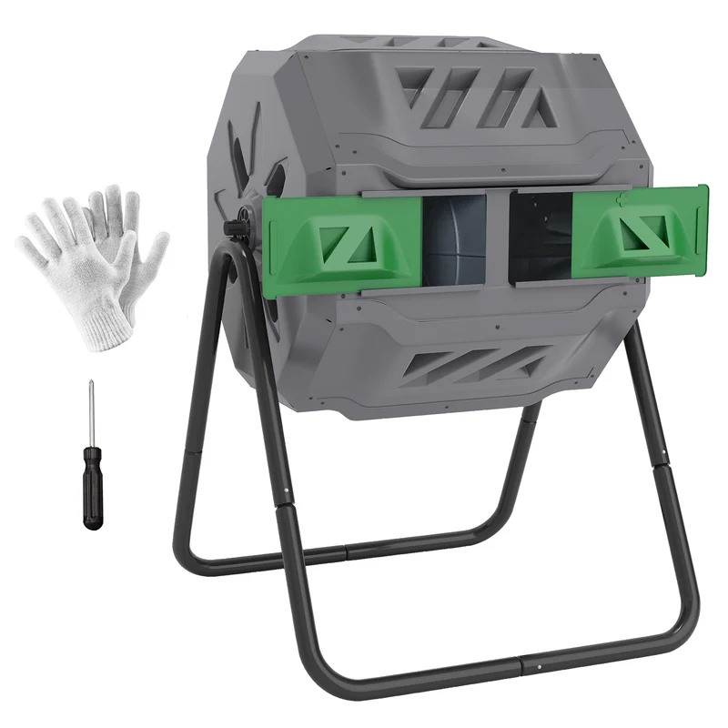 Composteur rotatif jardin sur pied 71 x 64 x 96 cm rotation 360° aération 16 évents double bac moderne épuré en PP gris 21_0004200