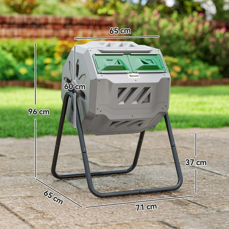 Composteur rotatif jardin sur pied 71 x 64 x 96 cm rotation 360° aération 16 évents double bac moderne épuré en PP gris 21_0004200
