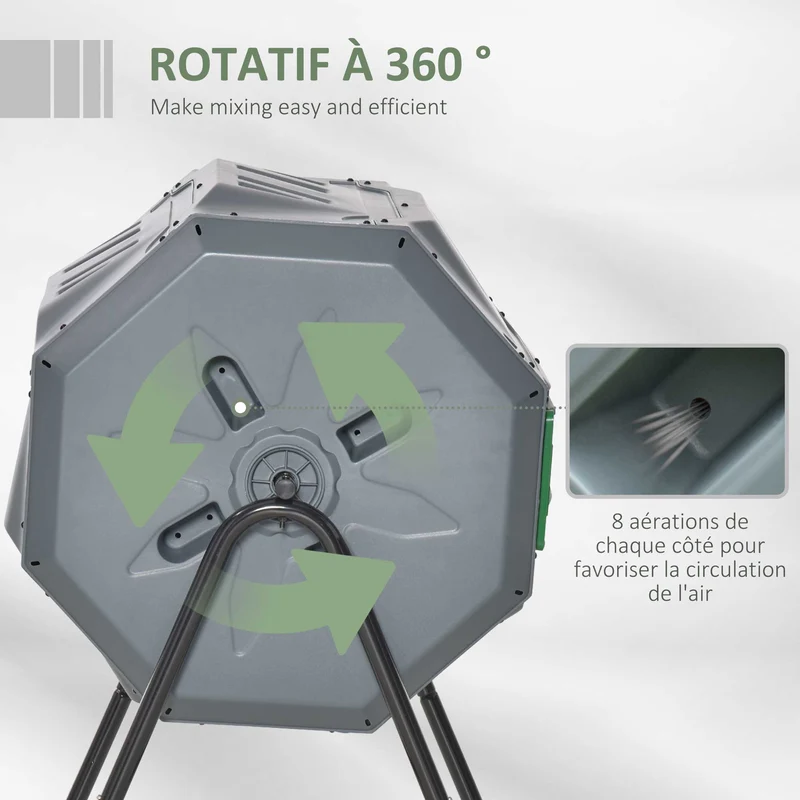 Composteur rotatif jardin sur pied 71 x 64 x 96 cm rotation 360° aération 16 évents double bac moderne épuré en PP gris 21_0004200