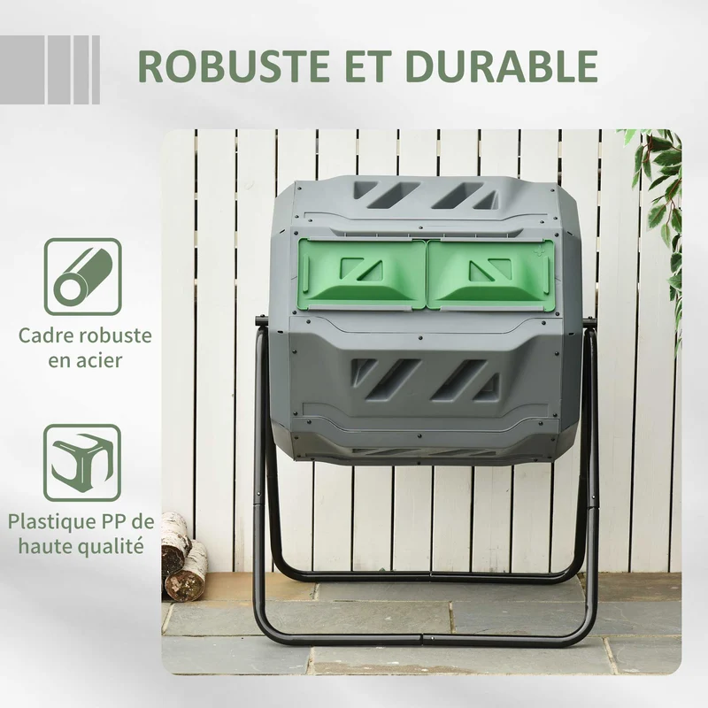 Composteur rotatif jardin sur pied 71 x 64 x 96 cm rotation 360° aération 16 évents double bac moderne épuré en PP gris 21_0004200