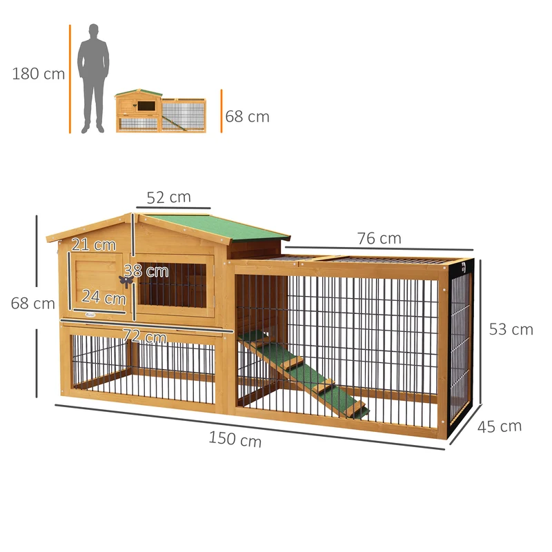 Clapier pour lapins deux niveaux avec enclos extérieur 150 x 52,5 x 68 cm nettoyage facile épuré rustique en bois jaune 21_0007888