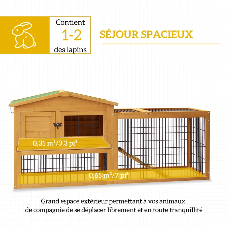 Clapier pour lapins deux niveaux avec enclos extérieur 150 x 52,5 x 68 cm nettoyage facile épuré rustique en bois jaune 21_0007888