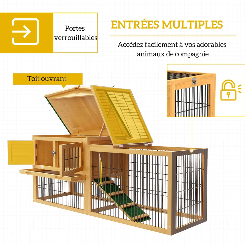 Clapier pour lapins deux niveaux avec enclos extérieur 150 x 52,5 x 68 cm nettoyage facile épuré rustique en bois jaune 21_0007888