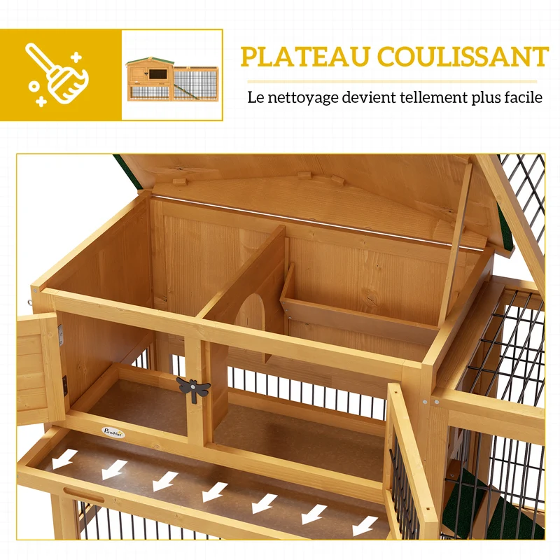 Clapier pour lapins deux niveaux avec enclos extérieur 150 x 52,5 x 68 cm nettoyage facile épuré rustique en bois jaune 21_0007888