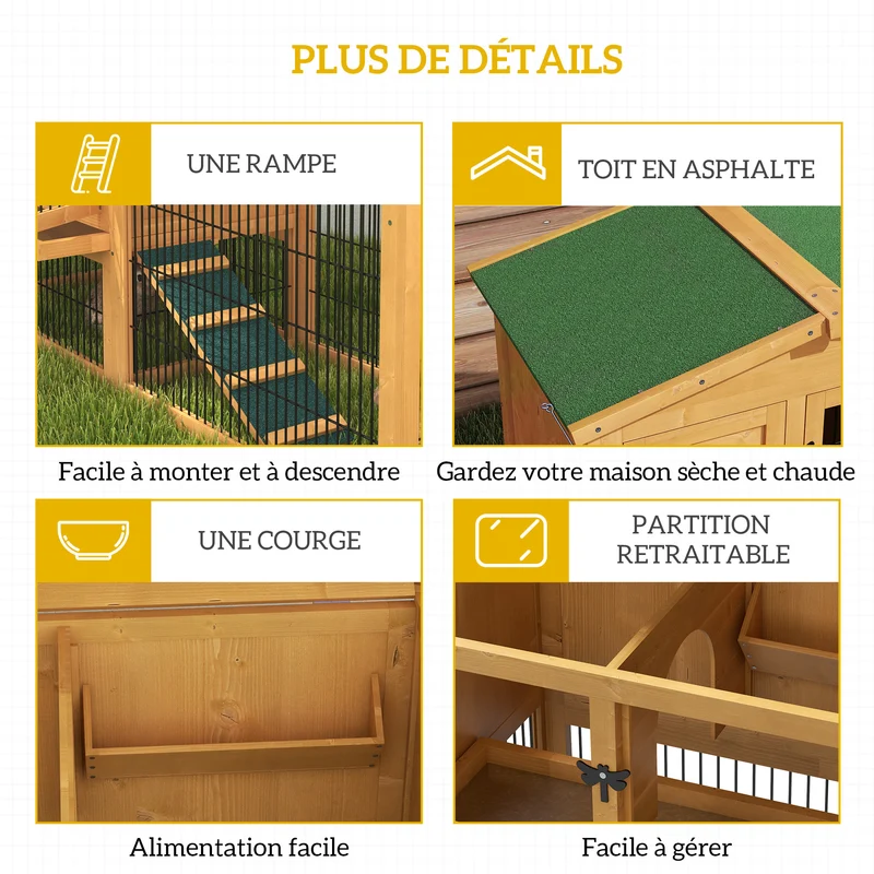 Clapier pour lapins deux niveaux avec enclos extérieur 150 x 52,5 x 68 cm nettoyage facile épuré rustique en bois jaune 21_0007888