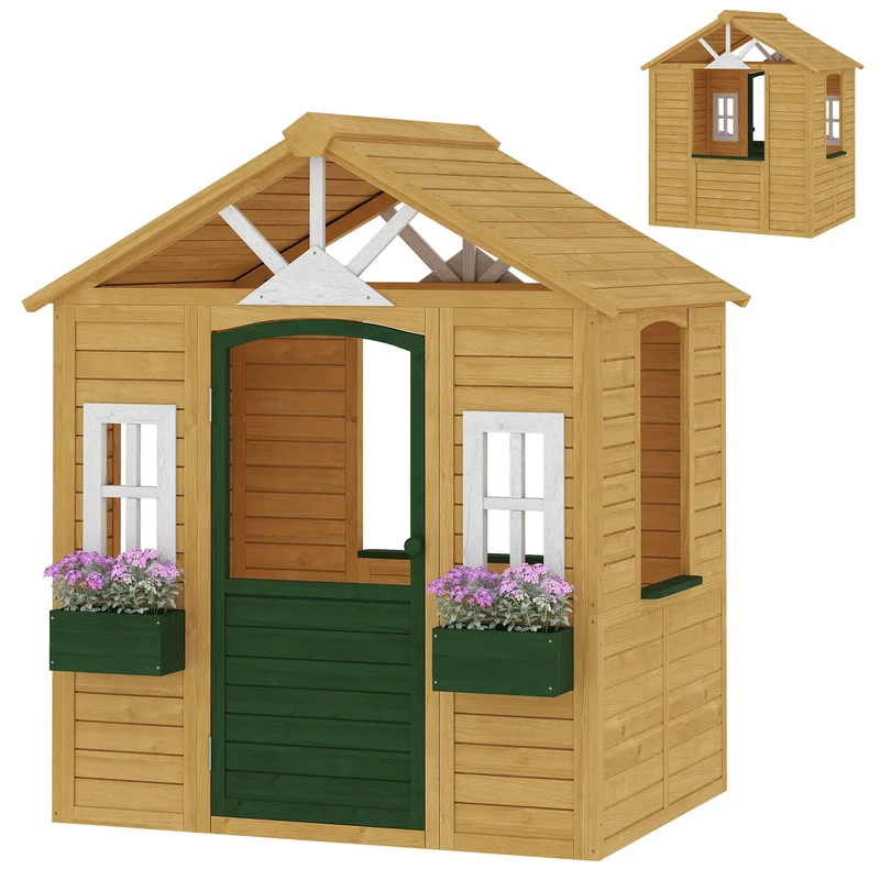Cabane enfant extérieure maison de jeu 134.5 x 97 x 150 cm intérieur large jardinières rustique classique en bois marron 21_0000400
