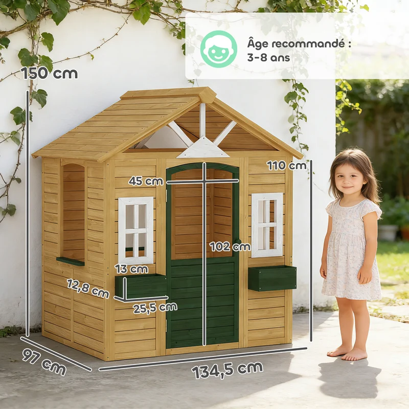 Cabane enfant extérieure maison de jeu 134.5 x 97 x 150 cm intérieur large jardinières rustique classique en bois marron 21_0000400