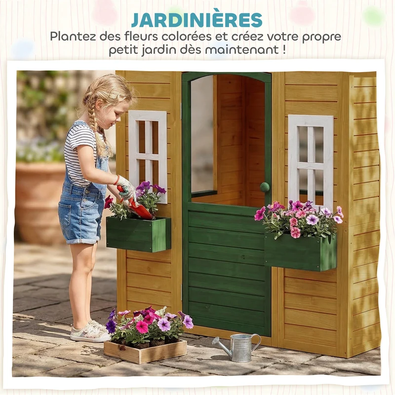 Cabane enfant extérieure maison de jeu 134.5 x 97 x 150 cm intérieur large jardinières rustique classique en bois marron 21_0000400