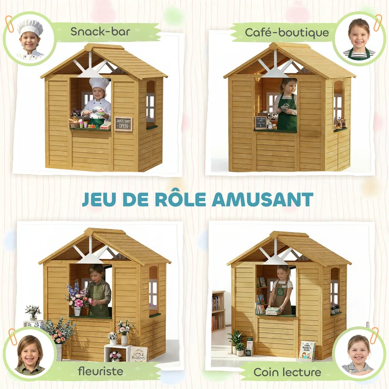 Cabane enfant extérieure maison de jeu 134.5 x 97 x 150 cm intérieur large jardinières rustique classique en bois marron 21_0000400
