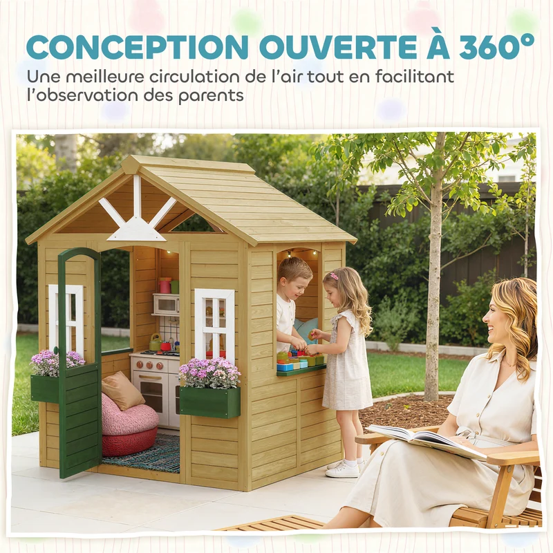 Cabane enfant extérieure maison de jeu 134.5 x 97 x 150 cm intérieur large jardinières rustique classique en bois marron 21_0000400