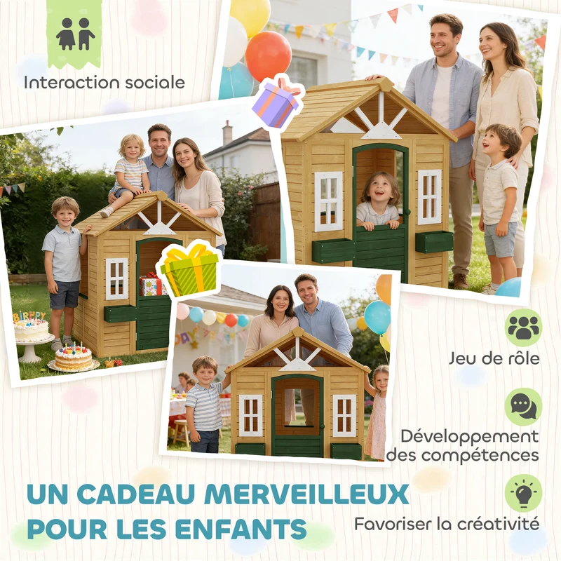 Cabane enfant extérieure maison de jeu 134.5 x 97 x 150 cm intérieur large jardinières rustique classique en bois marron 21_0000400