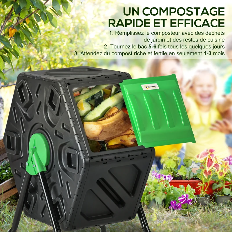 Composteur rotatif pour jardin 60 x 49 x 77 cm 24 évents aération antirongeurs accélère le compost épuré en PP noir 21_0004328