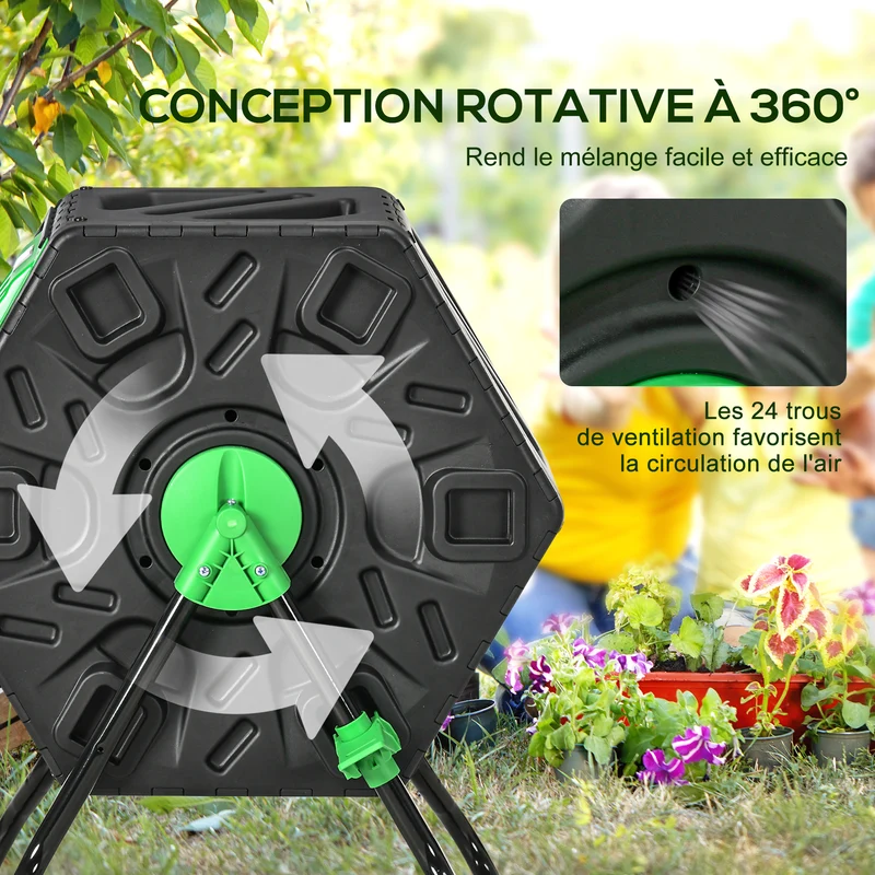 Composteur rotatif pour jardin 60 x 49 x 77 cm 24 évents aération antirongeurs accélère le compost épuré en PP noir 21_0004328
