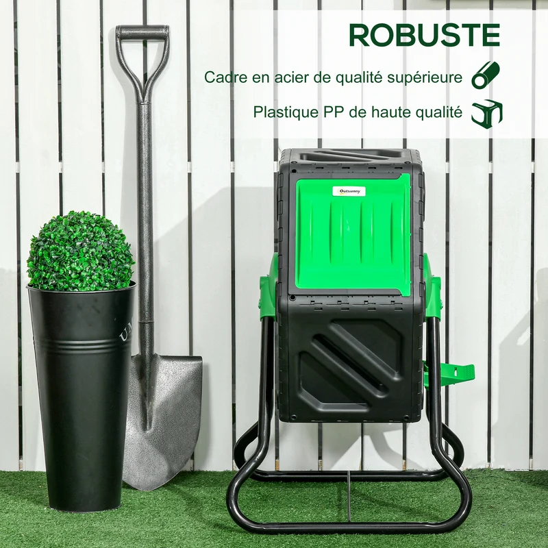 Composteur rotatif pour jardin 60 x 49 x 77 cm 24 évents aération antirongeurs accélère le compost épuré en PP noir 21_0004328