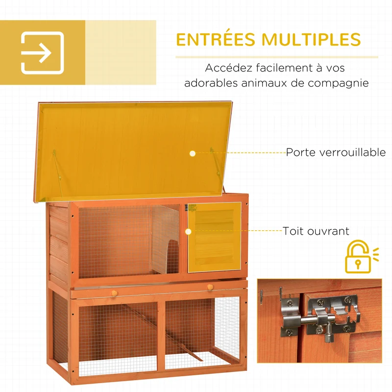 Clapier à lapin 2 étages 90 x 45 x 80 cm rampe et plateau coulissant rustique scandinave ambiance cosy en bois naturel 21_0007864