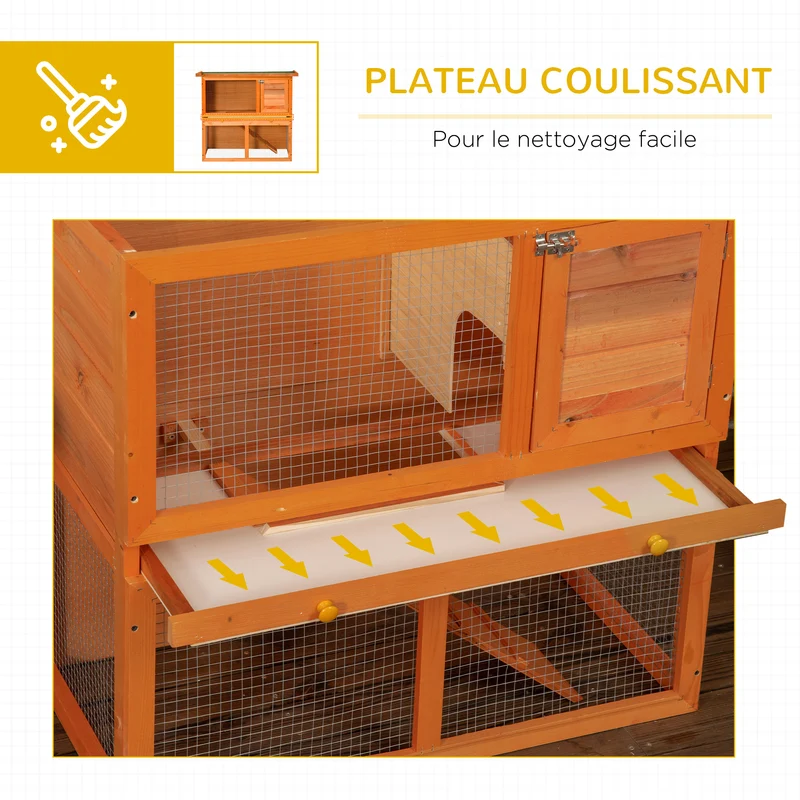 Clapier à lapin 2 étages 90 x 45 x 80 cm rampe et plateau coulissant rustique scandinave ambiance cosy en bois naturel 21_0007864