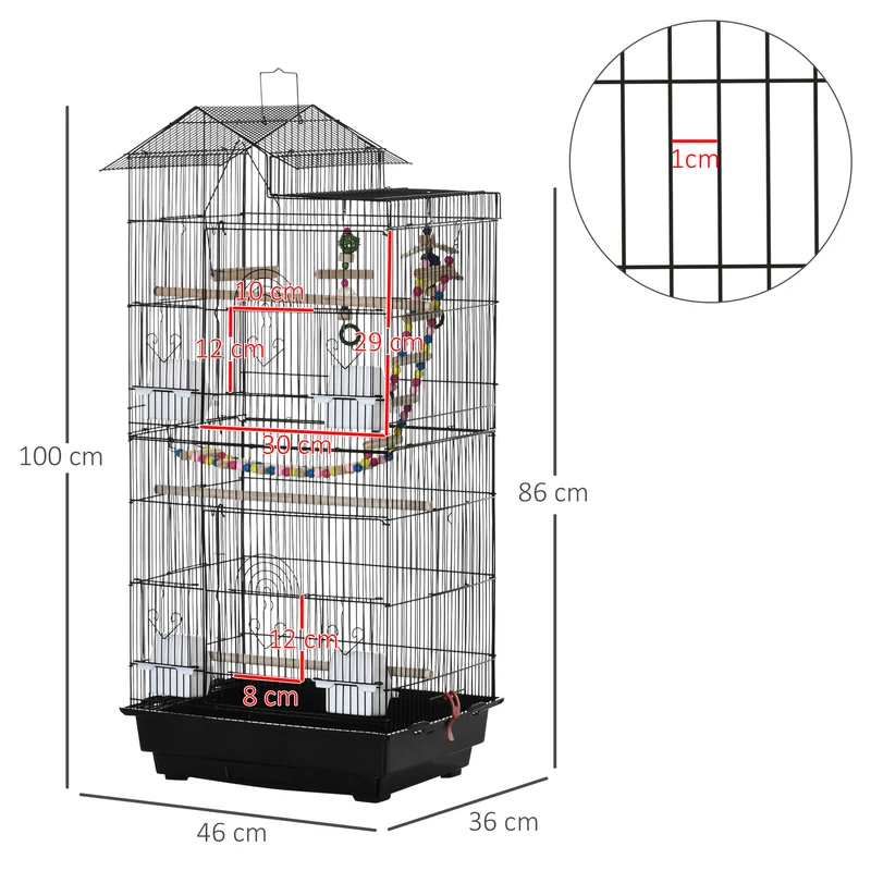 Cage à oiseaux volière 46 x 36 x 100 cm plateau coulissant avec 4 mangeoires contemporain moderne en fil d'acier noir 21_0007577