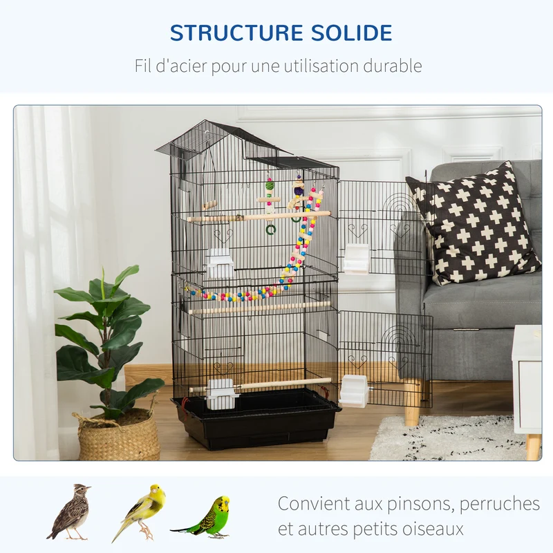 Cage à oiseaux volière 46 x 36 x 100 cm plateau coulissant avec 4 mangeoires contemporain moderne en fil d'acier noir 21_0007577