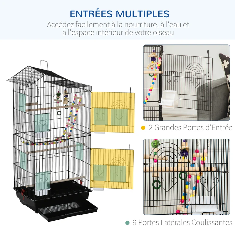 Cage à oiseaux volière 46 x 36 x 100 cm plateau coulissant avec 4 mangeoires contemporain moderne en fil d'acier noir 21_0007577