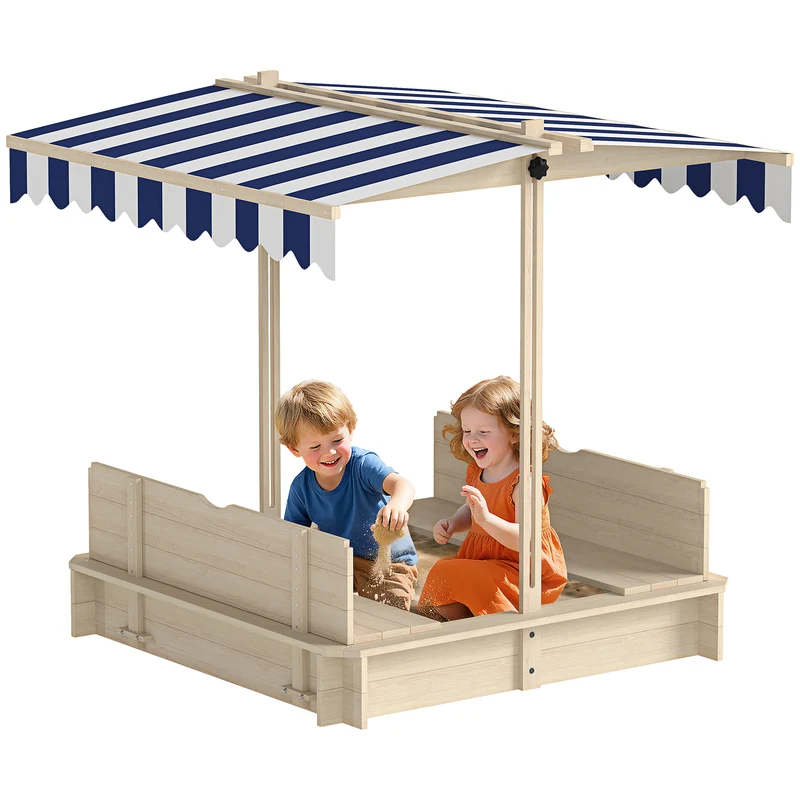 Bac à sable carré enfants 106 x 106 x 115 cm bancs transformables toit réglable épuré scandinave jardin en bois naturel 21_0000344