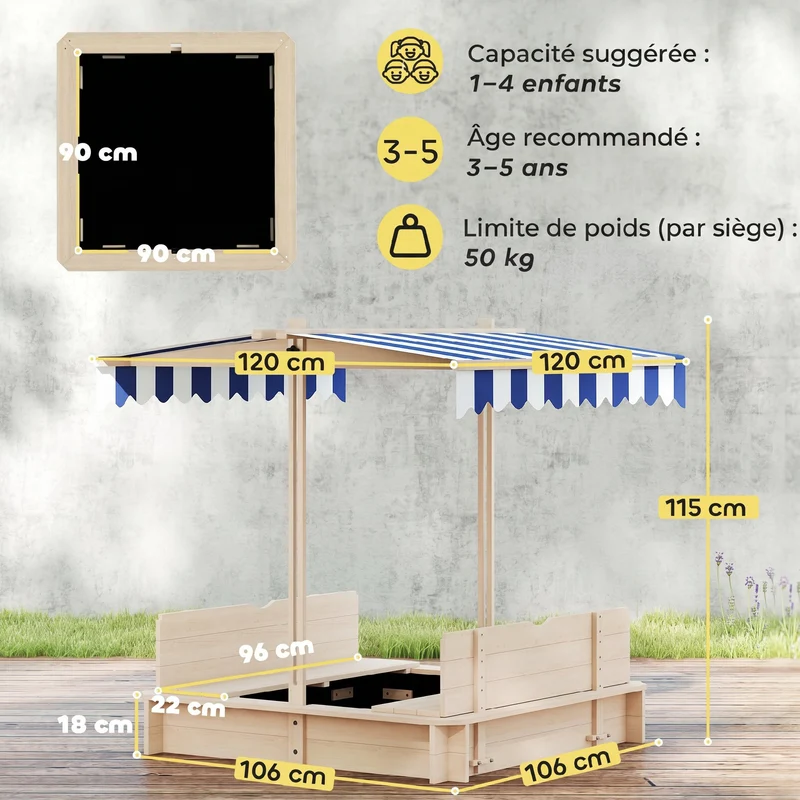 Bac à sable carré enfants 106 x 106 x 115 cm bancs transformables toit réglable épuré scandinave jardin en bois naturel 21_0000344