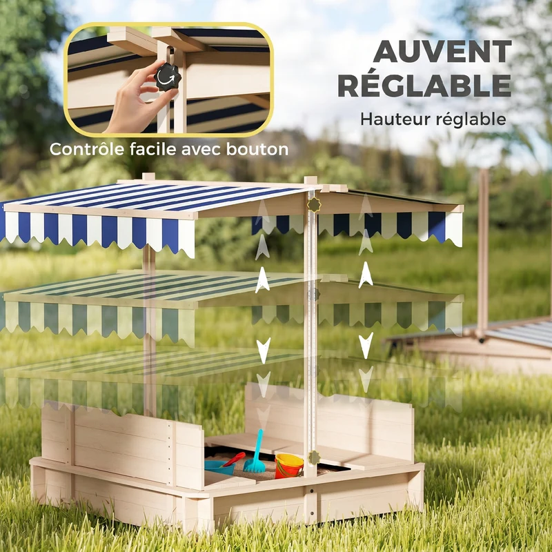 Bac à sable carré enfants 106 x 106 x 115 cm bancs transformables toit réglable épuré scandinave jardin en bois naturel 21_0000344