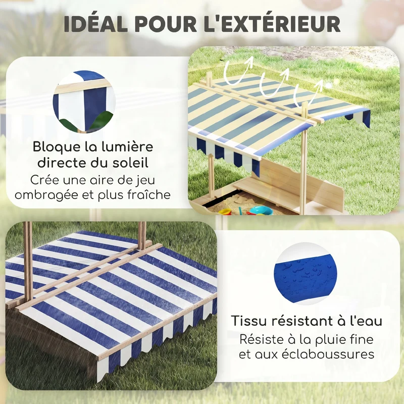 Bac à sable carré enfants 106 x 106 x 115 cm bancs transformables toit réglable épuré scandinave jardin en bois naturel 21_0000344
