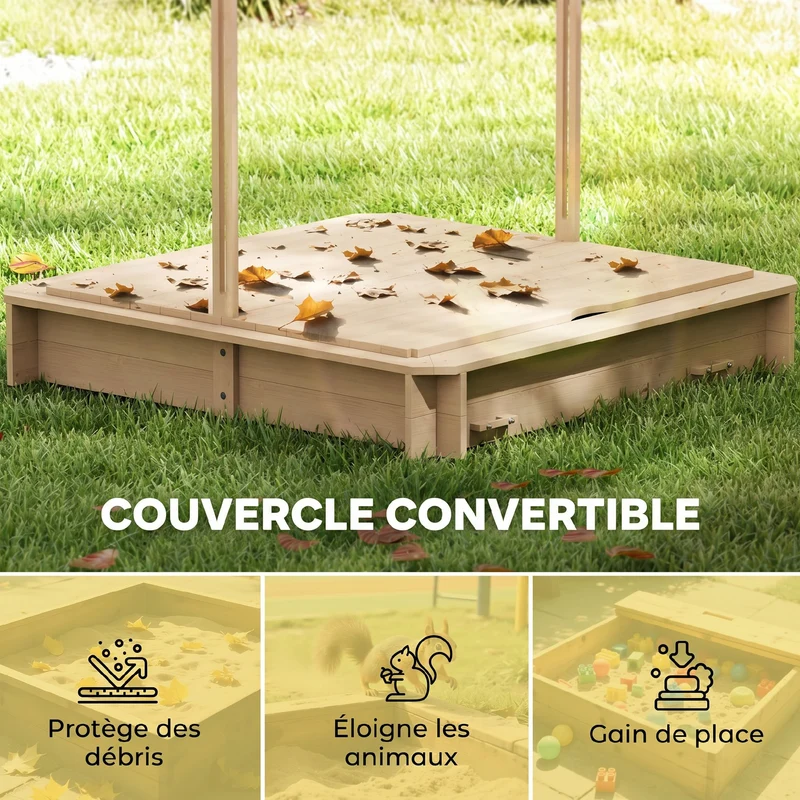 Bac à sable carré enfants 106 x 106 x 115 cm bancs transformables toit réglable épuré scandinave jardin en bois naturel 21_0000344