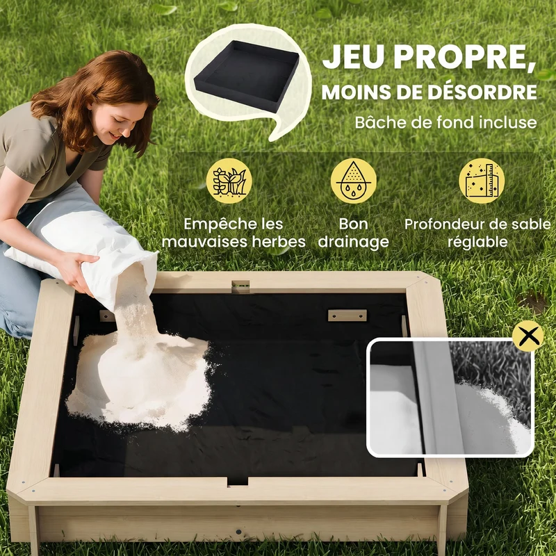 Bac à sable carré enfants 106 x 106 x 115 cm bancs transformables toit réglable épuré scandinave jardin en bois naturel 21_0000344