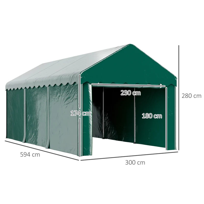 Abri de voiture 594 x 300 x 280 cm toile 200g anti-uv résistante structure renforcée industriel en polyéthylène vert 21_0004871