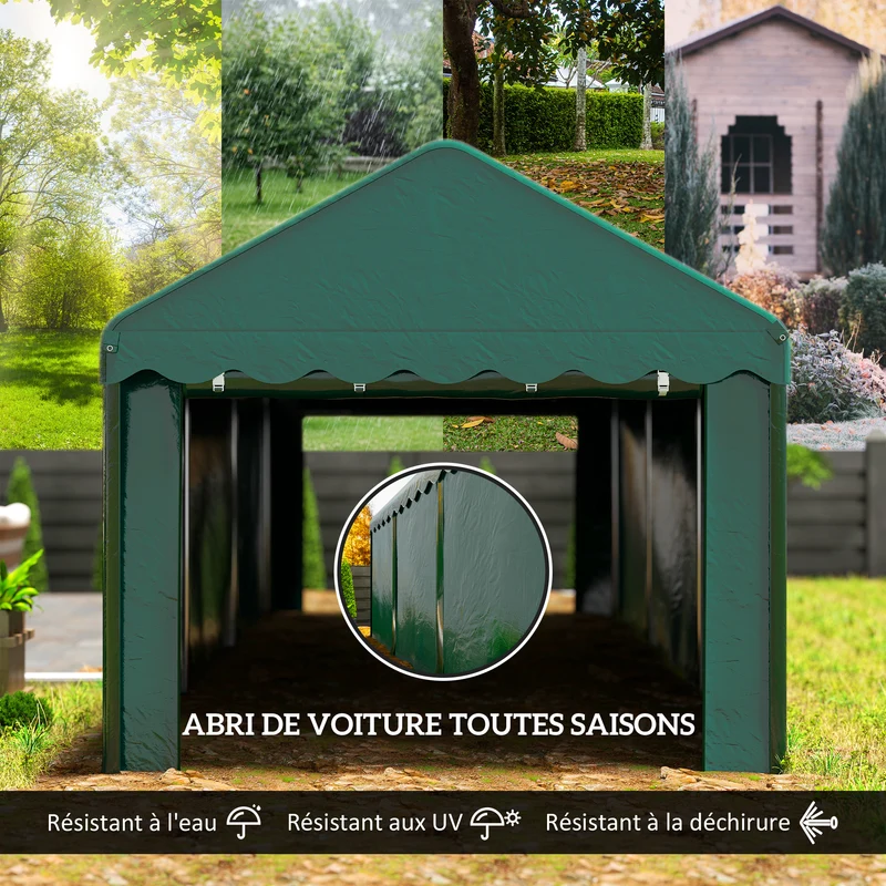 Abri de voiture 594 x 300 x 280 cm toile 200g anti-uv résistante structure renforcée industriel en polyéthylène vert 21_0004871