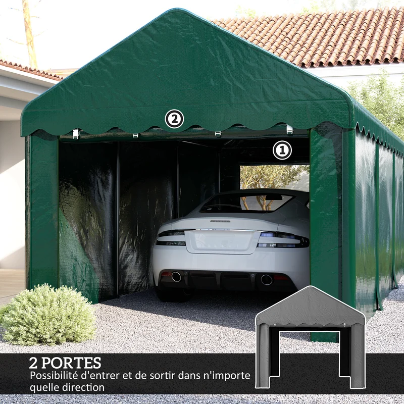 Abri de voiture 594 x 300 x 280 cm toile 200g anti-uv résistante structure renforcée industriel en polyéthylène vert 21_0004871