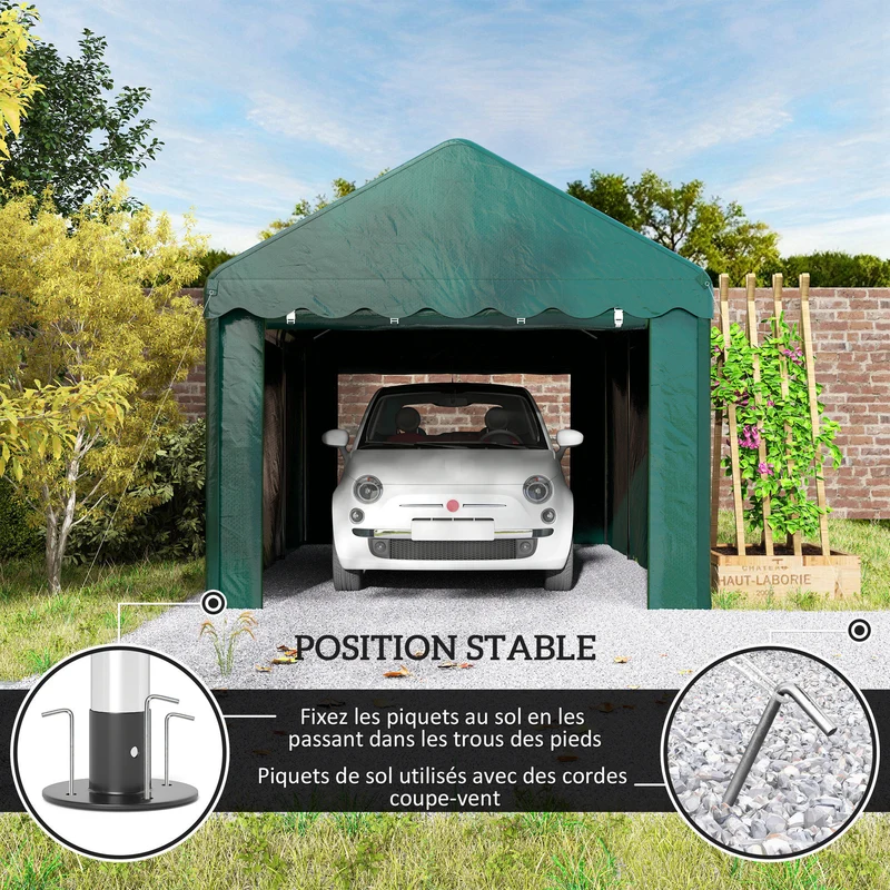 Abri de voiture 594 x 300 x 280 cm toile 200g anti-uv résistante structure renforcée industriel en polyéthylène vert 21_0004871