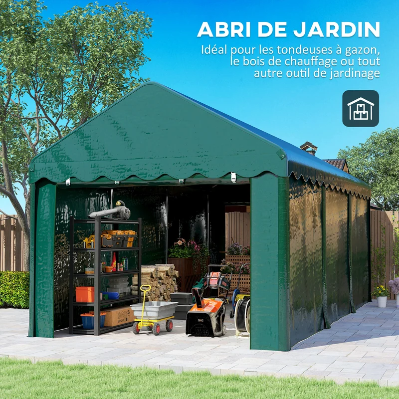 Abri de voiture 594 x 300 x 280 cm toile 200g anti-uv résistante structure renforcée industriel en polyéthylène vert 21_0004871