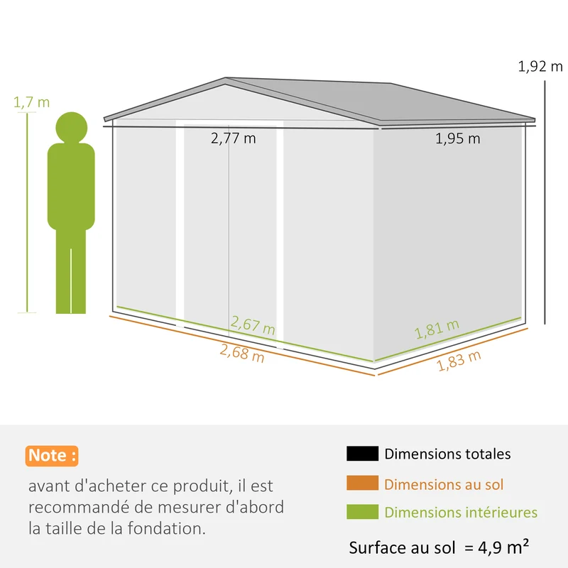 Abri de jardin extérieur 277 x 195 x 192 cm double porte coulissante ventilation optimale moderne en acier gris foncé 21_0004035