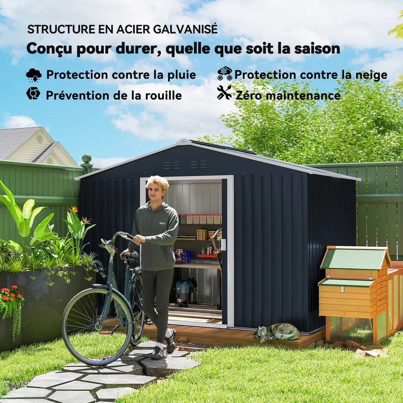 Abri de jardin extérieur 277 x 195 x 192 cm double porte coulissante ventilation optimale moderne en acier gris foncé 21_0004035