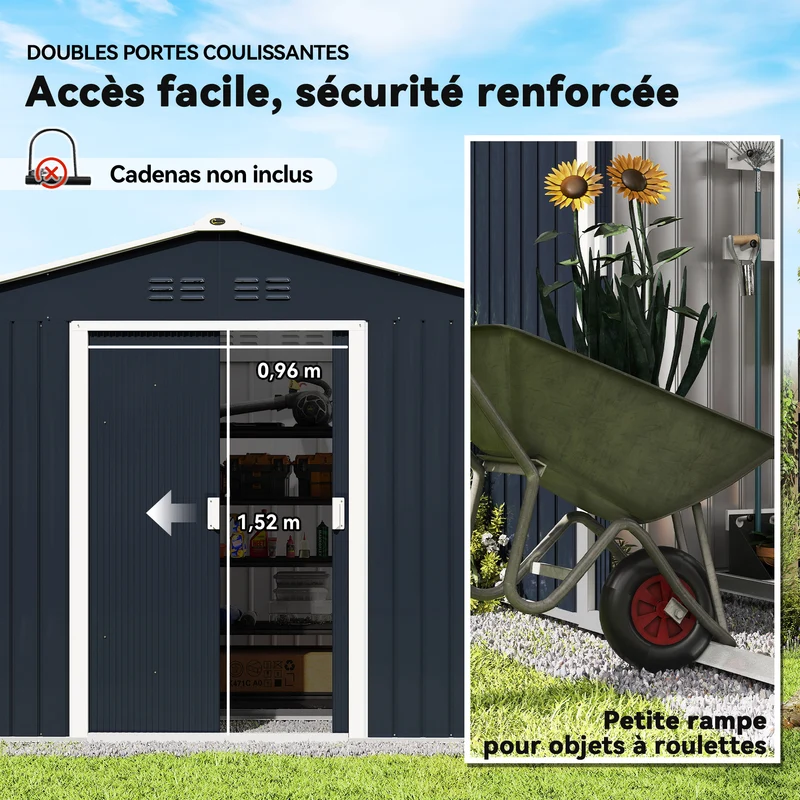 Abri de jardin extérieur 277 x 195 x 192 cm double porte coulissante ventilation optimale moderne en acier gris foncé 21_0004035