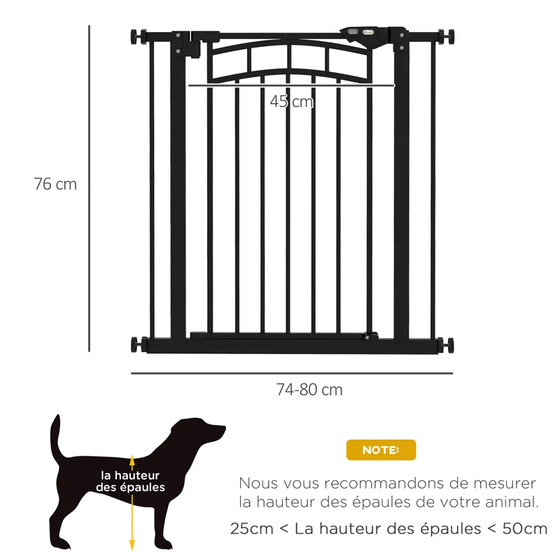 Barrière de sécurité pour chien extensible 74-80 x 76 cm double verrouillage fermeture automatique moderne en acier noir 21_0007453