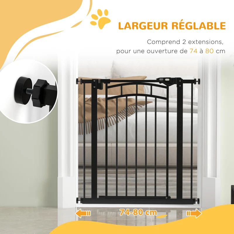 Barrière de sécurité pour chien extensible 74-80 x 76 cm double verrouillage fermeture automatique moderne en acier noir 21_0007453