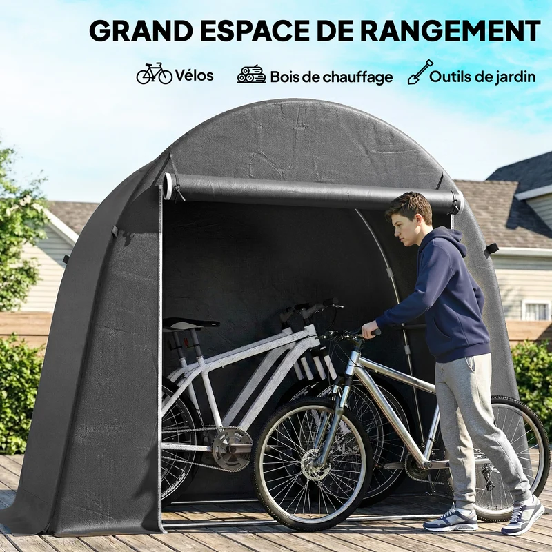 Abri de jardin stockage vélo outils 245 x 120 x 200 cm étanche porte fermeture éclair moderne en polyéthylène gris foncé 21_0005627