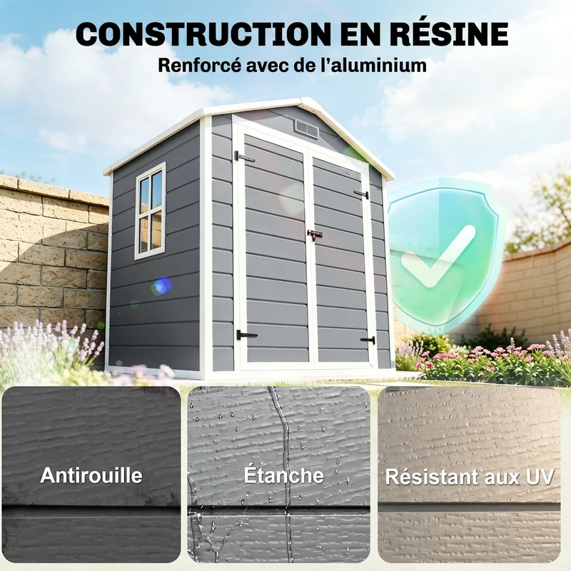 Abri de jardin cabanon rangement pour outils 183 x 134 x 210 cm grande capacité ventilation moderne épuré en PP gris 21_0004361