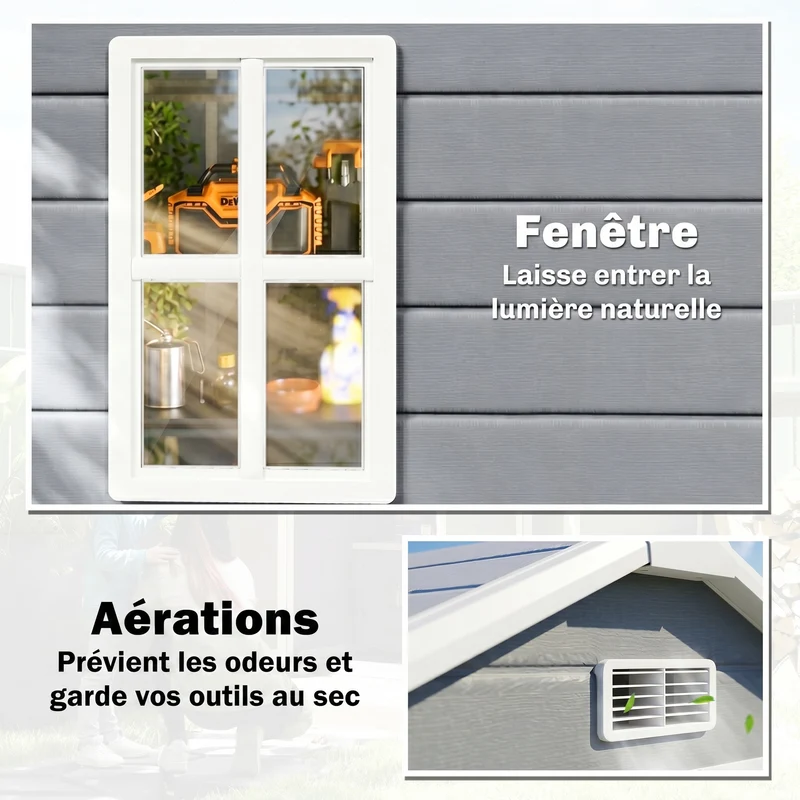 Abri de jardin cabanon rangement pour outils 183 x 134 x 210 cm grande capacité ventilation moderne épuré en PP gris 21_0004361