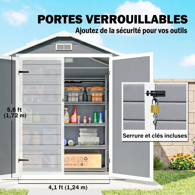 Abri de jardin cabanon rangement pour outils 183 x 134 x 210 cm grande capacité ventilation moderne épuré en PP gris 21_0004361