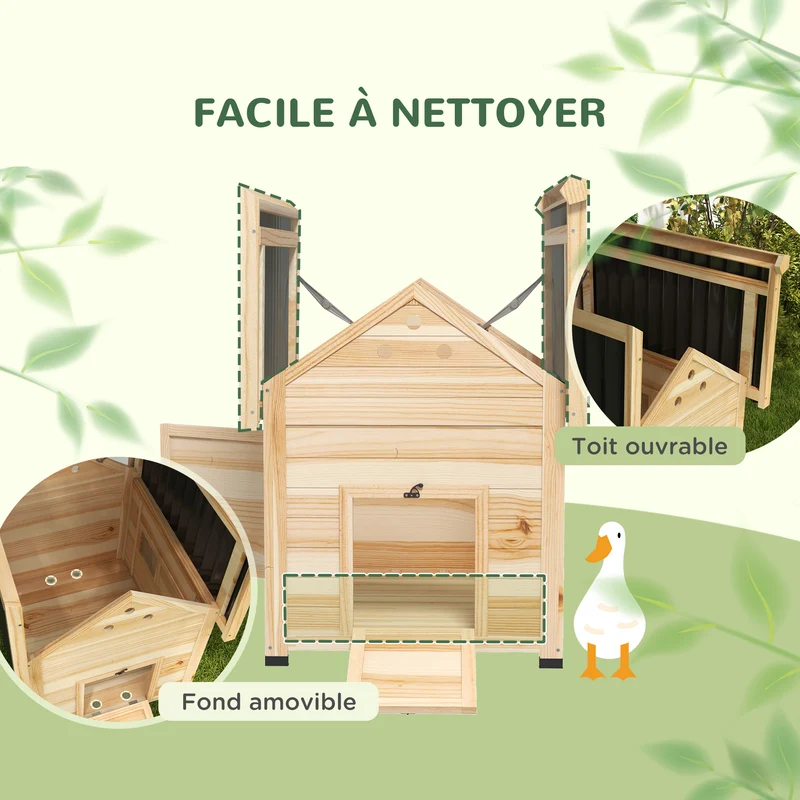 Poulailler pour canards 78 x 90 x 92 cm toit ouvrant ventilation optimale style rustique pour jardin en bois naturel 21_0007966