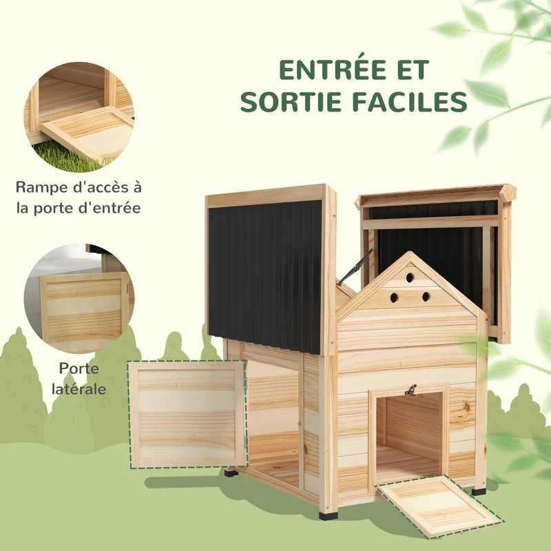 Poulailler pour canards 78 x 90 x 92 cm toit ouvrant ventilation optimale style rustique pour jardin en bois naturel 21_0007966