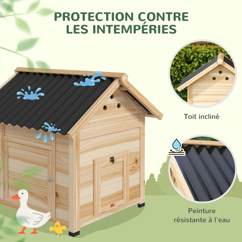 Poulailler pour canards 78 x 90 x 92 cm toit ouvrant ventilation optimale style rustique pour jardin en bois naturel 21_0007966
