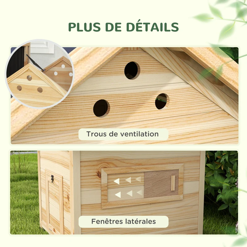 Poulailler pour canards 78 x 90 x 92 cm toit ouvrant ventilation optimale style rustique pour jardin en bois naturel 21_0007966