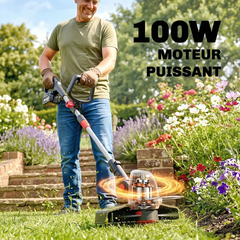 Coupe-bordures sans fil pour jardin 124 x 32 x 19 cm autonomie 90 min tête pivotante moderne épuré en aluminium argent 21_0005675